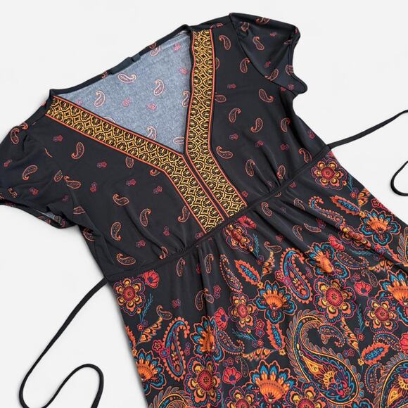 Apt 9 Black & Orange Multicolor Floral Boho Paisley V Neck Top w Waist Ties S - Picture 6 of 7